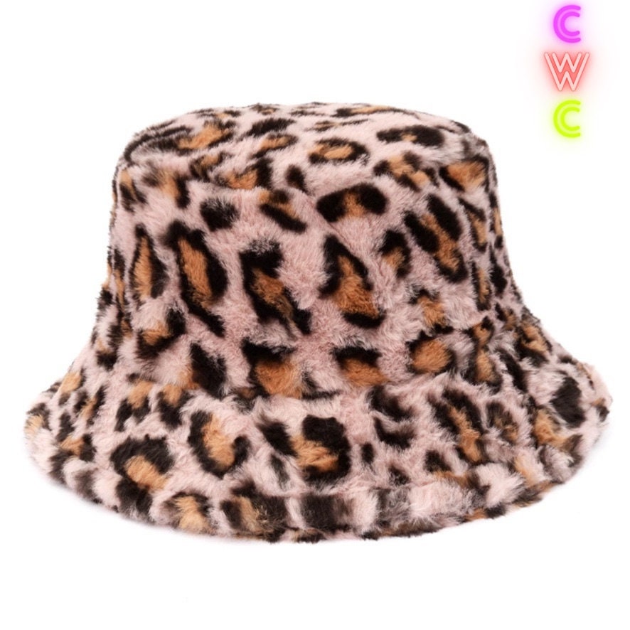 Leopard Print Faux Fur Bucket Hat 