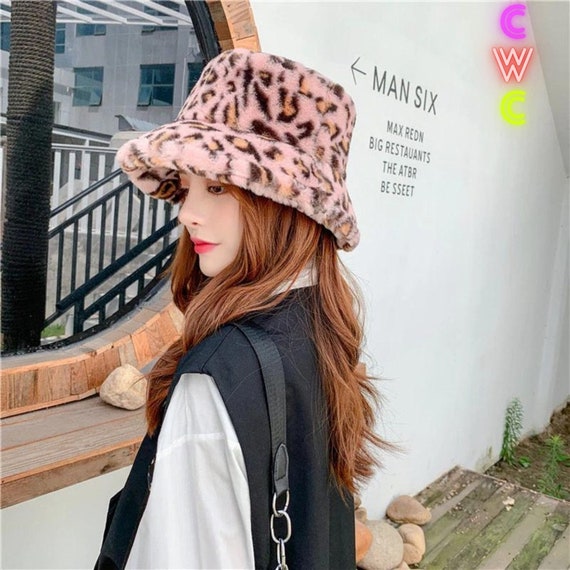 Leopard Print Faux Fur Bucket Hat 