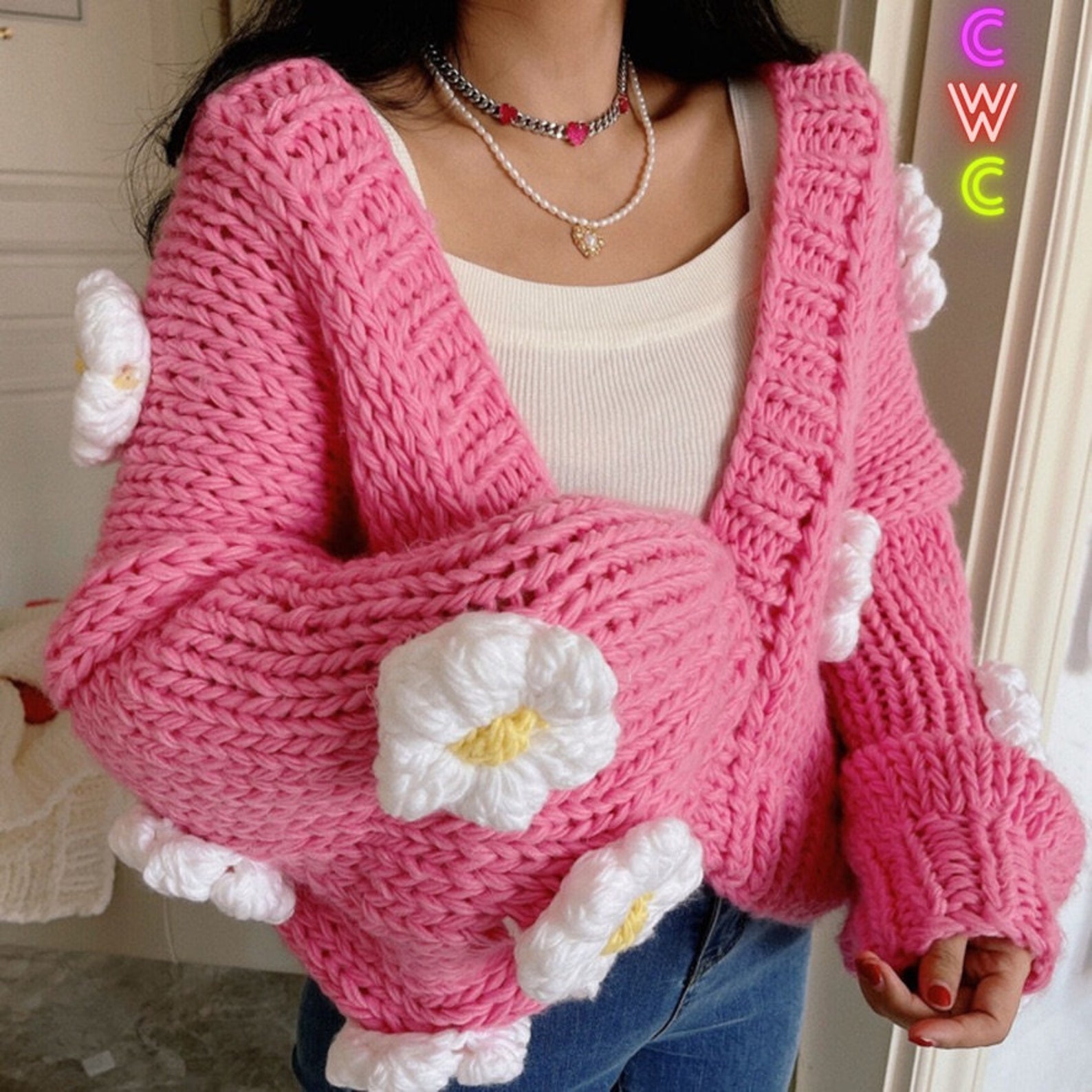 Big White Puff Daisy Flower Open Cardigan Hand Knit Sweater Etsy