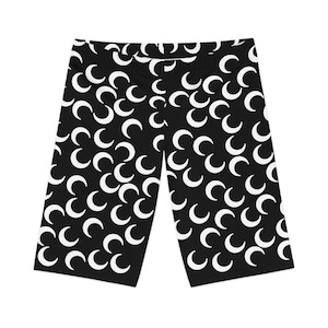 Crescent Moon Bike Shorts, Comfortable Women&#39;s Activewear, Black Biker Shorts, Yoga Shorts, Custom Design Shorts, Lunar Print Spandex Shorts