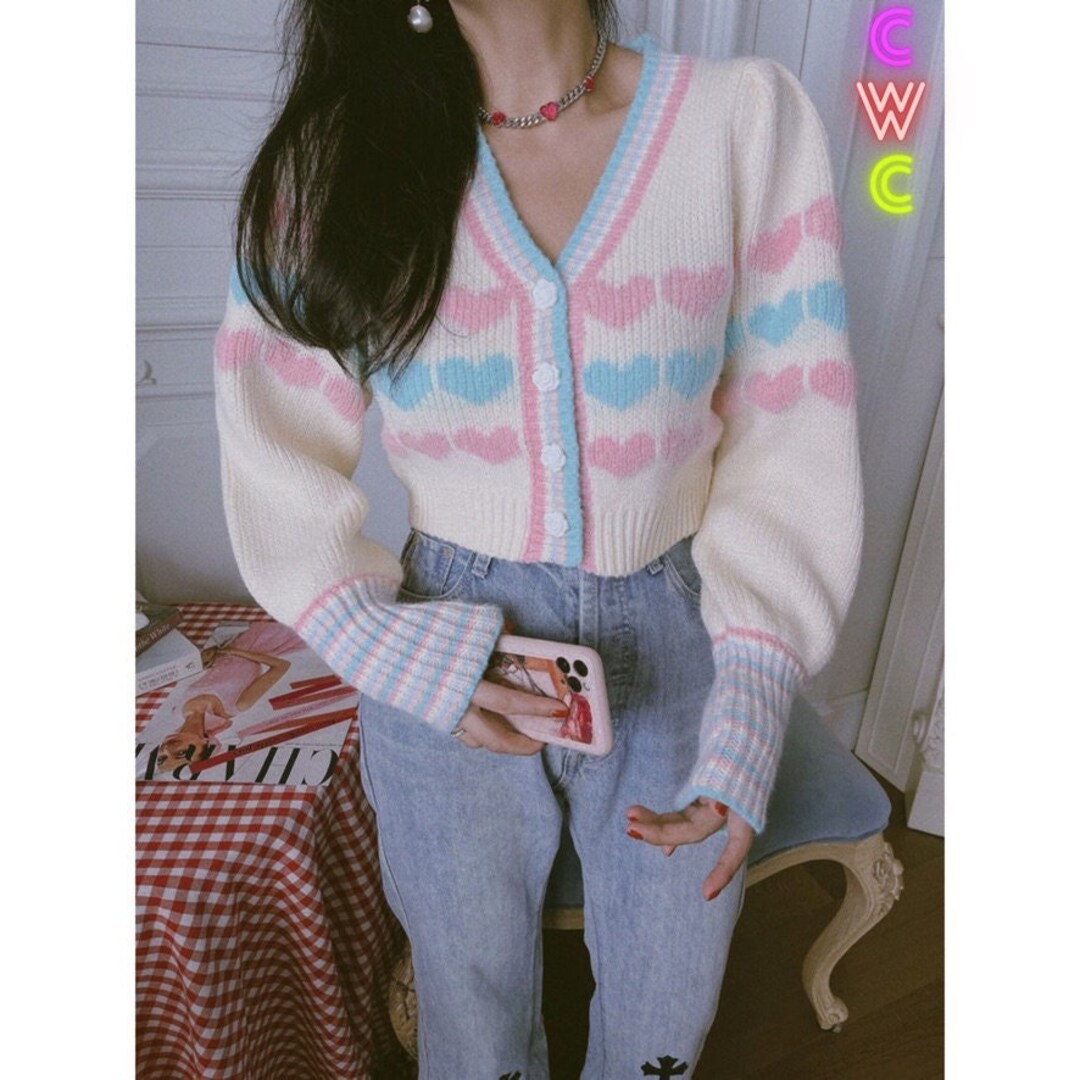 Y2K Pink / Blue Heart Crop Off-white Cardigan u0026 Matching - Etsy New Zealand