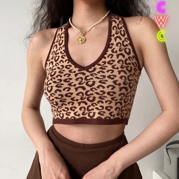 Knitted Halter Leopard Print Crop Top Streetwear Y2K 90s - Etsy