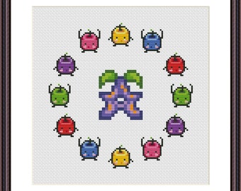 May include: A cross-stitch pattern featuring a purple flower with green leaves surrounded by a circle of colorful fruit characters. The fruit characters are red, yellow, green, blue, and purple.
