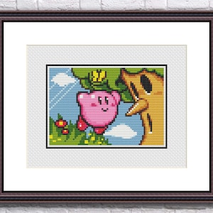 Op de afbeelding: Een roze en wit cartoonfiguur met een kroon, bekend als Kirby, springt voor een bruine boom met groene bladeren. De achtergrond is een blauwe lucht met witte wolken.