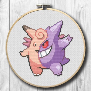 May include: Cross stitch pattern of a purple and pink Pokemon character with a red eye. The character is a fusion of two Pokemon, one with a pink body and the other with a purple body.