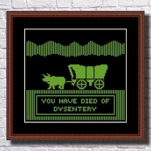 May include: A green pixelated image of a covered wagon pulled by an ox, with the text "YOU HAVE DIED OF DYSENTERY" below it. The image is set against a black background.