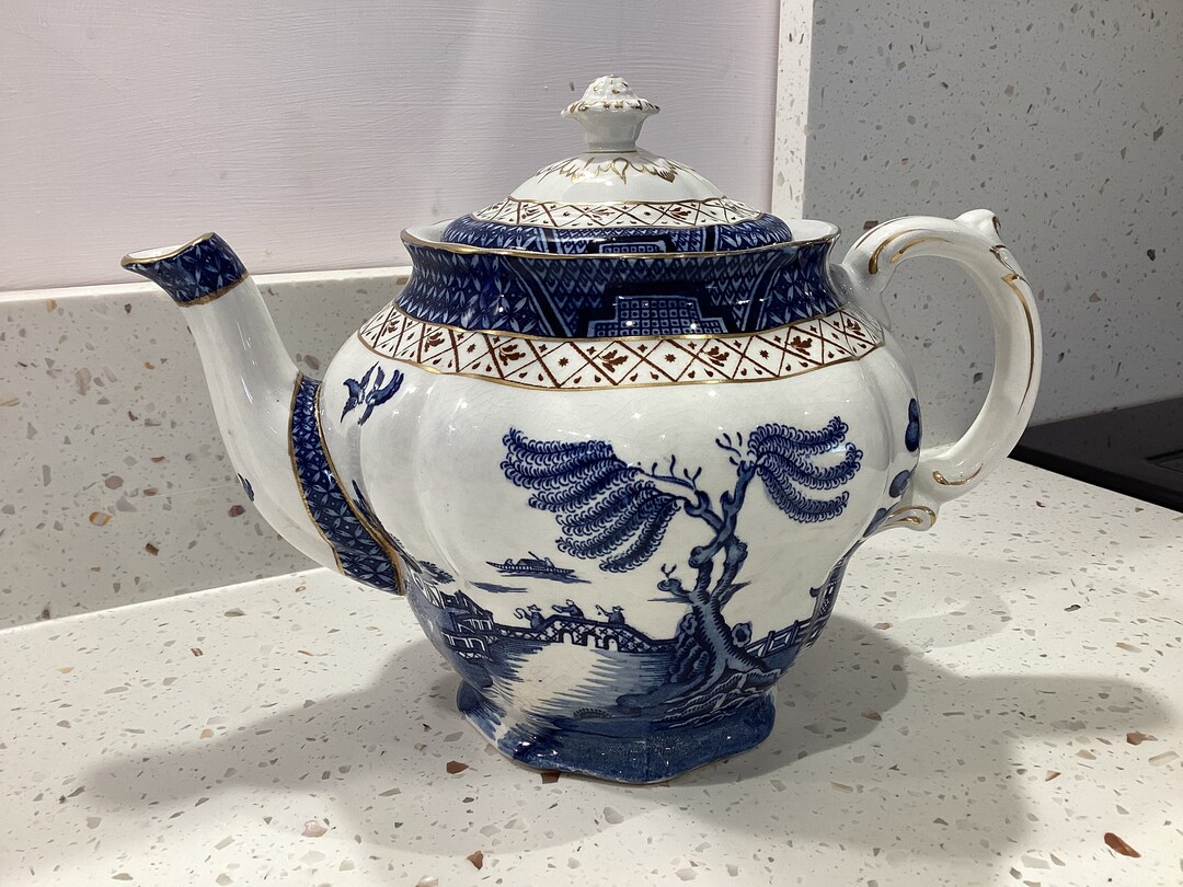 Vintage Booths Real Old Willow Blue White Gold Gilded Teapot A8025