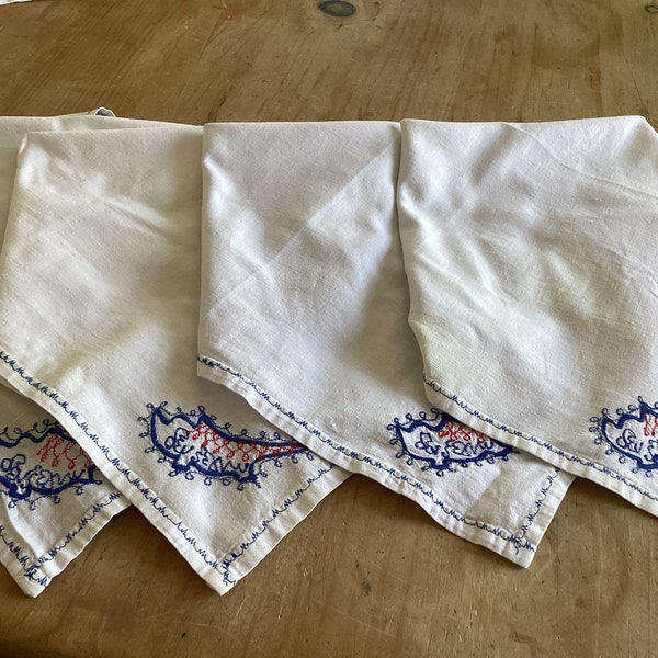 4 vintage handmade square cotton napkins serviettes embroidered with shape of Cyprus in corner souvenir Shipped from UK