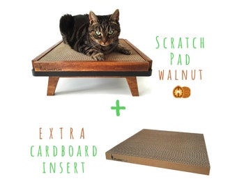 Beautiful and stylish scratching post "Scratch Pad" in walnut color with extra cardboard insert from PurrFur