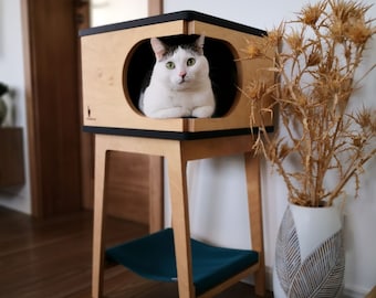 Niche pour chat rétro en contreplaqué avec hamac - Panier pour chat moderne pour deux chats
