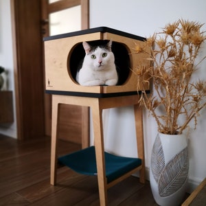 Retro Box com rede - linda casa de madeira compensada para dois gatos da PurrFur