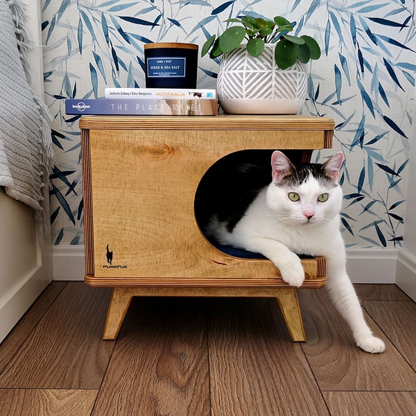 Niche pour chat élégante en contreplaqué, lit confortable pour chat boîte rustique en chêne clair de PurrFur