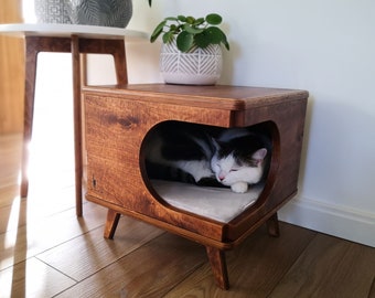 Stylish plywood cat house, handmade cozy cat bed Rustical Box Dark Oak from PurrFur