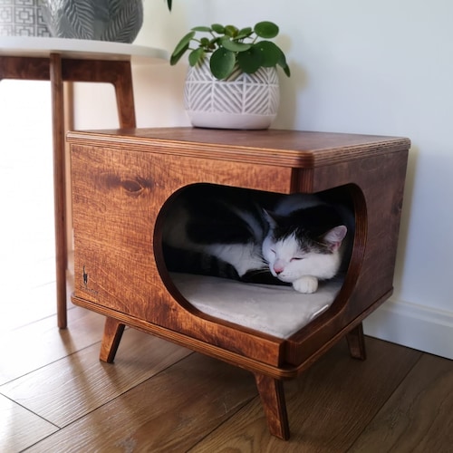 Stylish plywood cat house, cozy cat bed Rustical Box Dark Oak from PurrFur