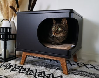 Handgefertigtes gemütliches und elegantes Katzenbett Retro Box Black von PurrFur
