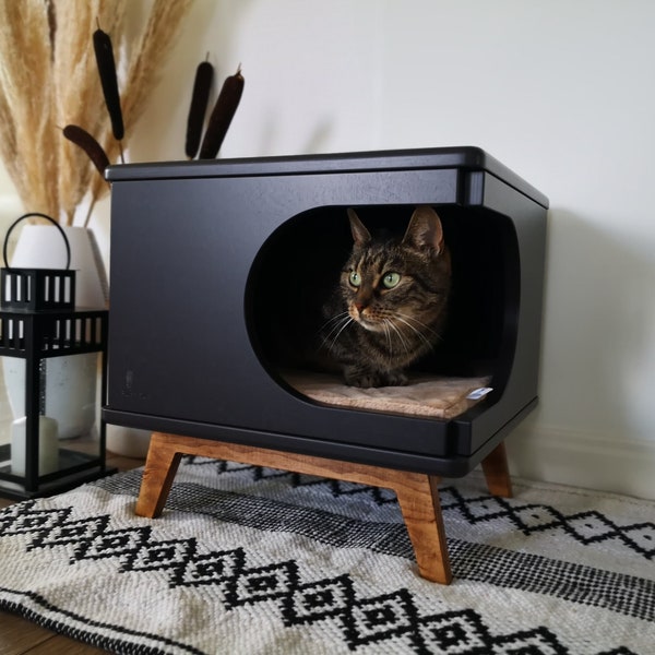 Gezellige en elegante slaapplaats, handgemaakte kattenmand Retro Box Black van PurrFur