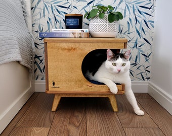 Stylish plywood cat house, cozy cat bed Rustical Box Light Oak from PurrFur