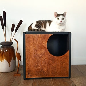 Cozy cube cat cave made from plywood in walnut finish by PurrFur