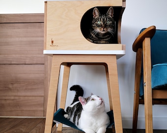 Maison pour chat en contreplaqué faite main avec hamac : lit pour animal de compagnie moderne
