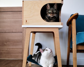 Retro Box with hammock - beautiful handmade cat plywood house for two cats from PurrFur