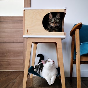 Retro Box with hammock - beautiful handmade cat plywood house for two cats from PurrFur