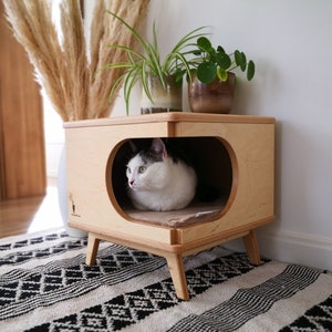 Stylish plywood cat house, handmade cozy cat bed Rustical Box Birch from PurrFur
