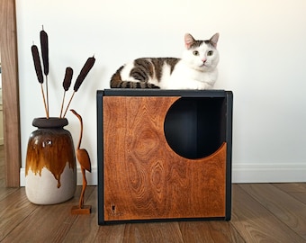 Cozy cube cat cave made from plywood in walnut finish by PurrFur