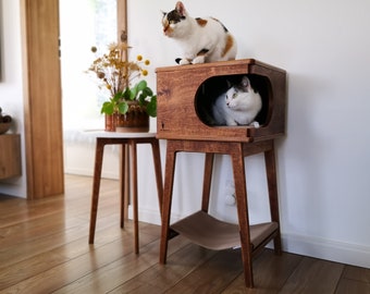 Casita para gatos de roble oscuro con hamaca: cama rústica para dos gatos