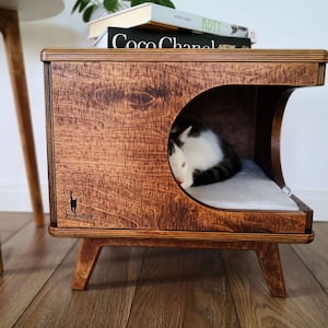 Elegante casa para gatos de madera contrachapada, acogedora cama para gatos hecha a mano Rustical Box Dark Oak de PurrFur imagen 7