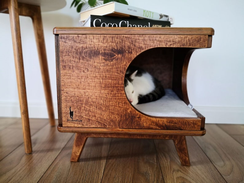 Elegante casa para gatos de madera contrachapada, acogedora cama para gatos hecha a mano Rustical Box Dark Oak de PurrFur imagen 7