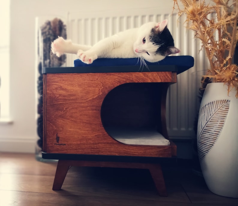May include: A wooden cat bed with a black and white cat resting on a blue cushion. The bed has a rounded opening and a dark brown finish. The text "Plushtop" is engraved on the front of the bed.