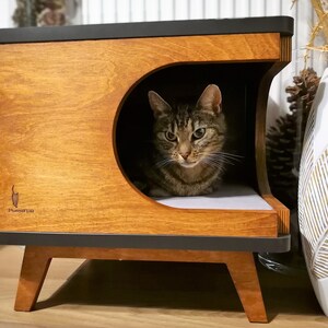 May include: A wooden cat bed with a rounded opening and a black trim. The bed is on legs and has the word "Puuuur" engraved on the front. A tabby cat is looking out of the opening.