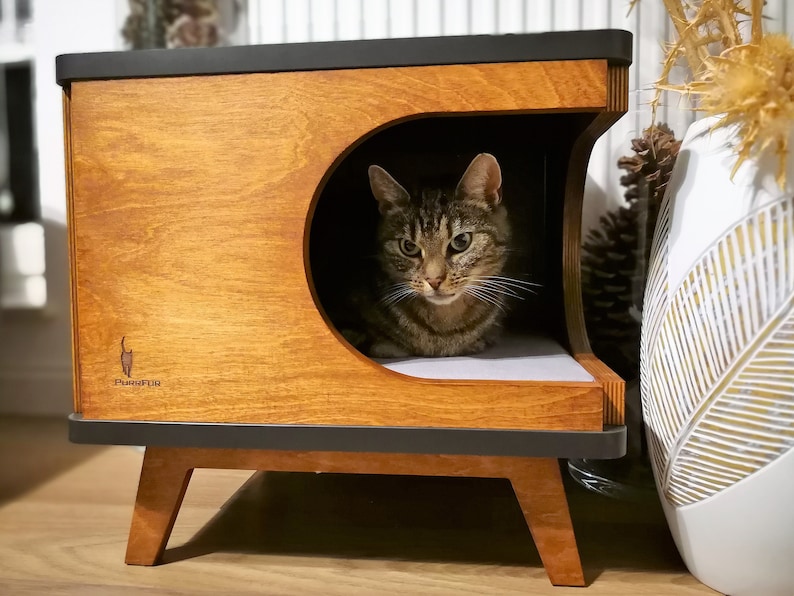 May include: A wooden cat bed with a rounded opening and a black trim. The bed is on legs and has the word "Puuuur" engraved on the front. A tabby cat is looking out of the opening.