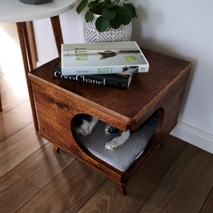 Elegante casa para gatos de madera contrachapada, acogedora cama para gatos hecha a mano Rustical Box Dark Oak de PurrFur imagen 6