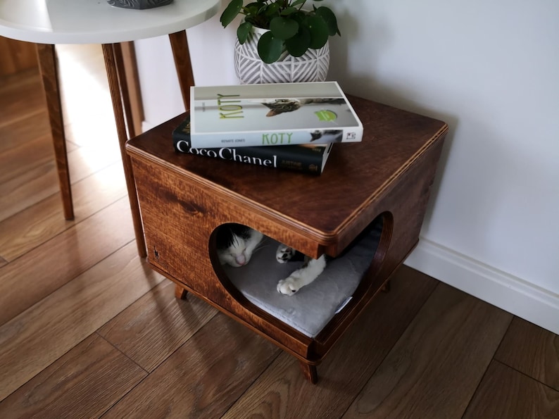 Elegante casa para gatos de madera contrachapada, acogedora cama para gatos hecha a mano Rustical Box Dark Oak de PurrFur imagen 6