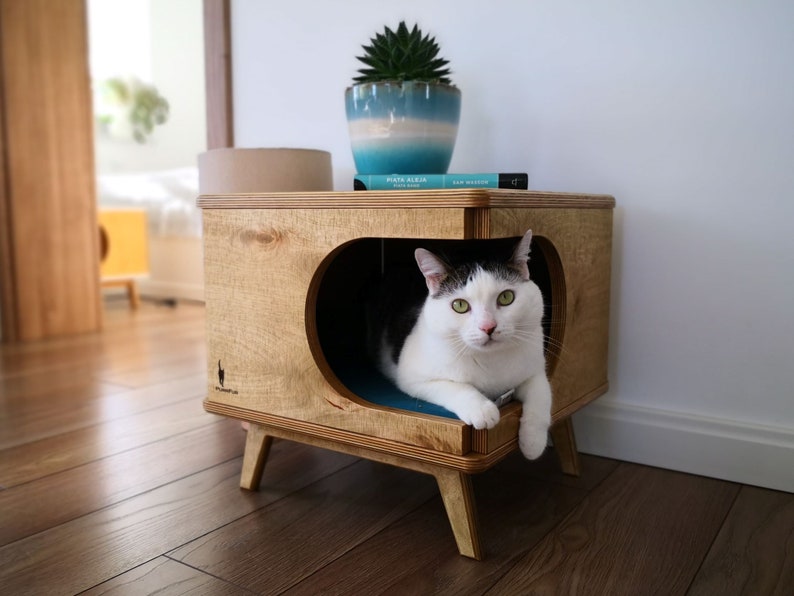 Stylish plywood cat house, cozy cat bed Rustical Box Light Oak from PurrFur image 4