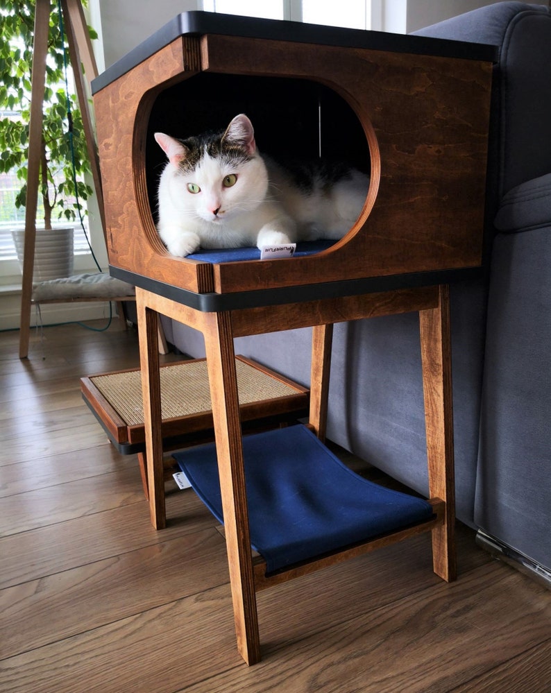 Retro Box with hammock beautiful handmade cat house for two cats from PurrFur image 4