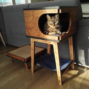 Retro Box with hammock beautiful handmade cat house for two cats from PurrFur image 2