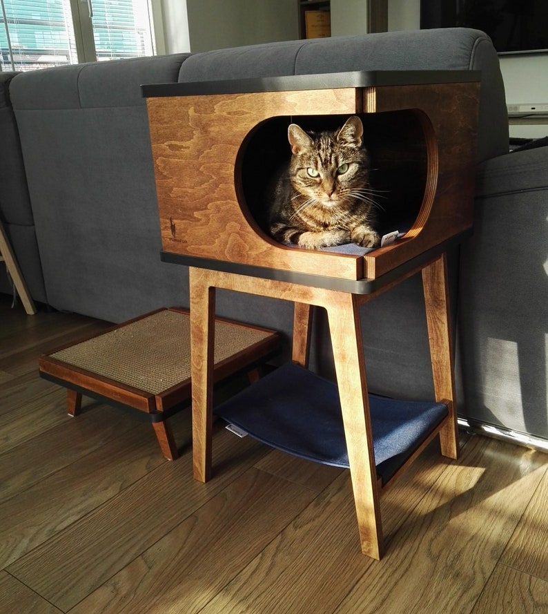 Retro Box with hammock beautiful handmade cat house for two cats from PurrFur image 2