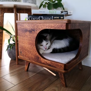 Elegante casa para gatos de madera contrachapada, acogedora cama para gatos hecha a mano Rustical Box Dark Oak de PurrFur imagen 2