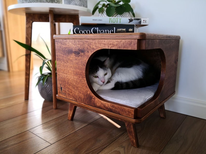 Elegante casa para gatos de madera contrachapada, acogedora cama para gatos hecha a mano Rustical Box Dark Oak de PurrFur imagen 2