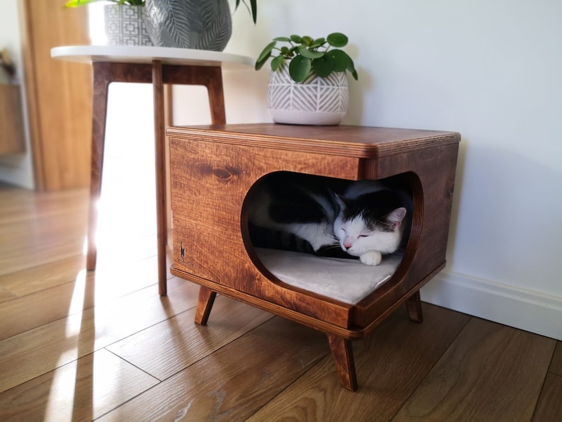 Stylish plywood cat house cozy cat bed Rustical Box Dark Oak image 1