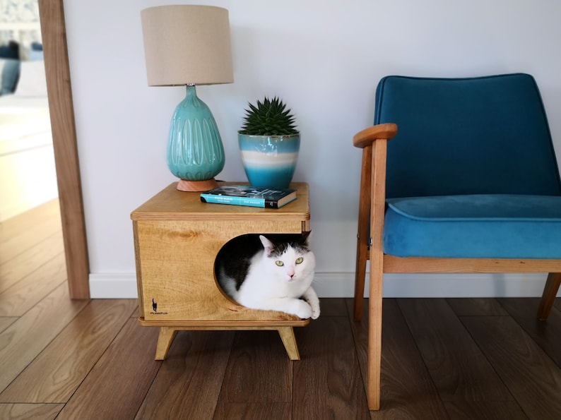 Stylish plywood cat house, cozy cat bed Rustical Box Light Oak from PurrFur image 5