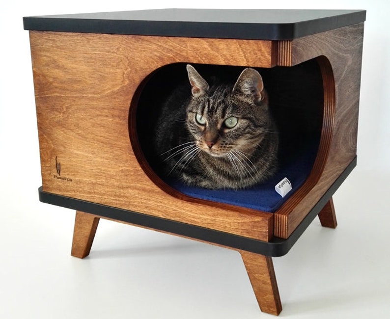 May include: A wooden cat bed with a black top and a blue cushion inside. The bed has a rounded opening and is on four legs. The cat bed is labeled "purrfect cat".