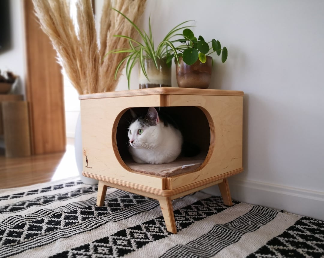 Stylish Plywood Cat House, Handmade Cozy Cat Bed Rustical Box Birch From Purrfur Etsy