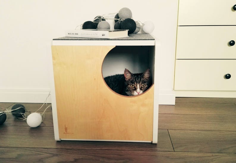 Cozy plywood cat house, modern design cat bed, gift for cat lover, safe cat cabinet,felt top, cat furniture, PurrFur image 2