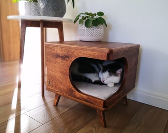 Maison pour chat élégante en contreplaqué, lit pour chat confortable fait main, boîte rustique en chêne foncé de PurrFur