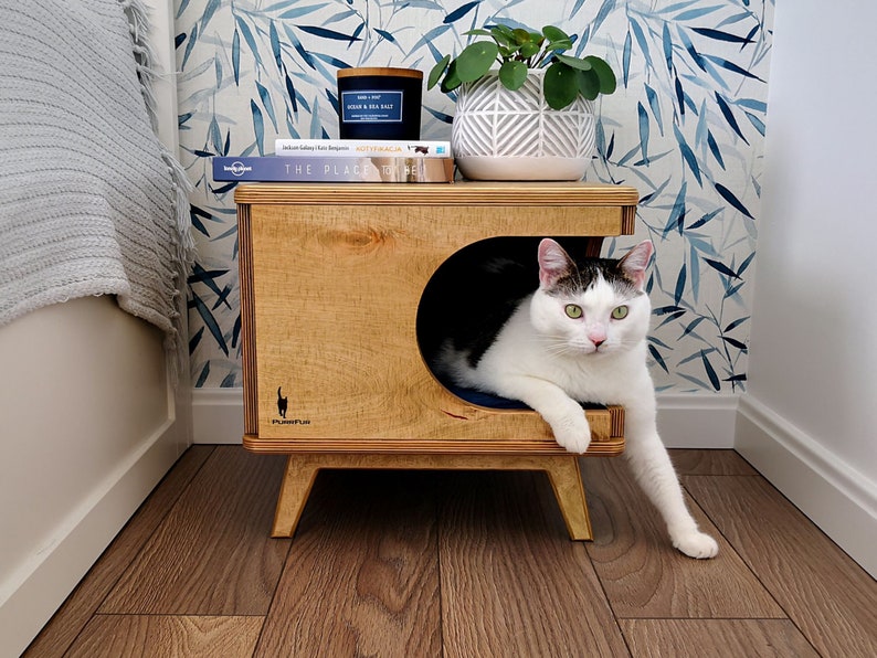 Stylish plywood cat house, cozy cat bed Rustical Box Light Oak from PurrFur image 1