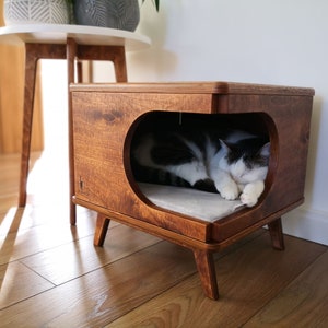 Elegante casa para gatos de madera contrachapada, acogedora cama para gatos hecha a mano Rustical Box Dark Oak de PurrFur imagen 3