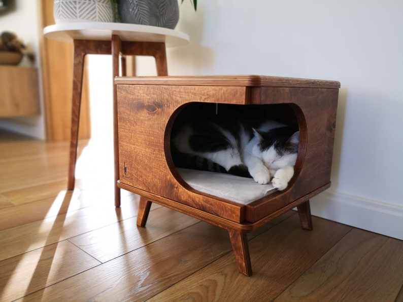 Elegante casa para gatos de madera contrachapada, acogedora cama para gatos hecha a mano Rustical Box Dark Oak de PurrFur imagen 3